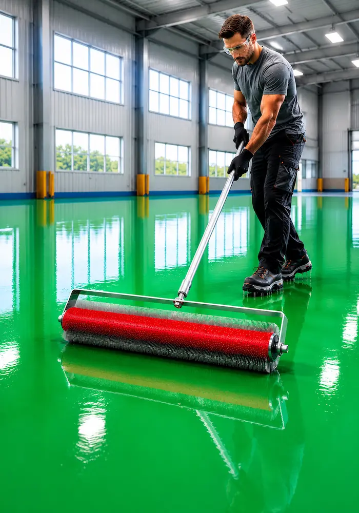 self leveling spiked roller, epoxy floor roller, self leveling roller, spike roller for self leveling, spiked roller with splash guard, floor leveling tools, self leveling cement tools, epoxy flooring tools, concrete leveling roller, bubble removal roller, floor coating roller, 20 inch spiked roller