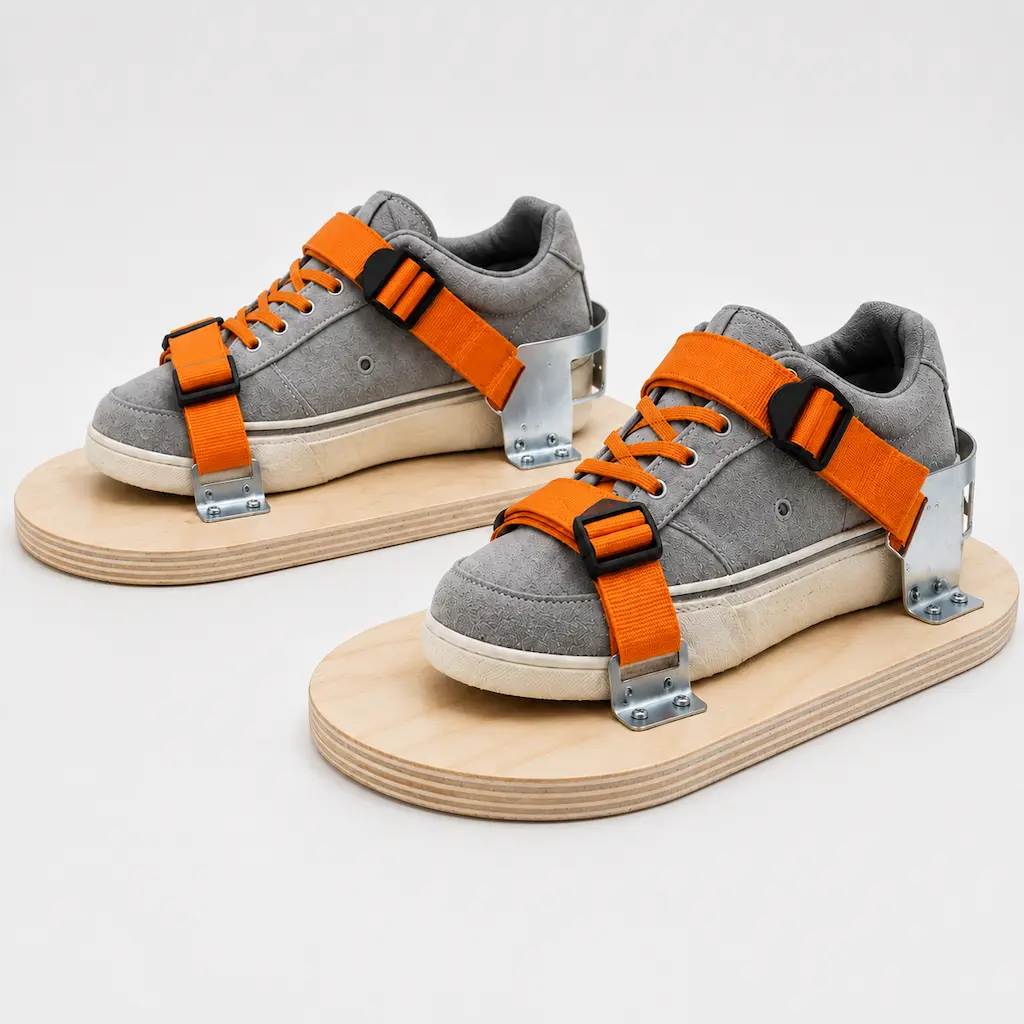 asphalt shoes, asphalt tamp shoes, asphalt paving shoes, wooden sole work shoes, hot asphalt footwear, paving crew tools, asphalt finishing tools, road construction tools, adjustable strap work shoes, asphalt compaction shoes