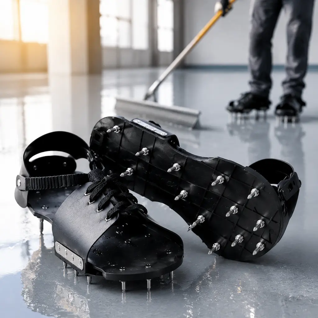 spike shoes, self leveling spike shoes, epoxy flooring shoes, construction spike shoes, heavy duty work shoes, anti slip flooring shoes, resin flooring shoes, industrial flooring tools, epoxy construction footwear, adjustable spike shoes