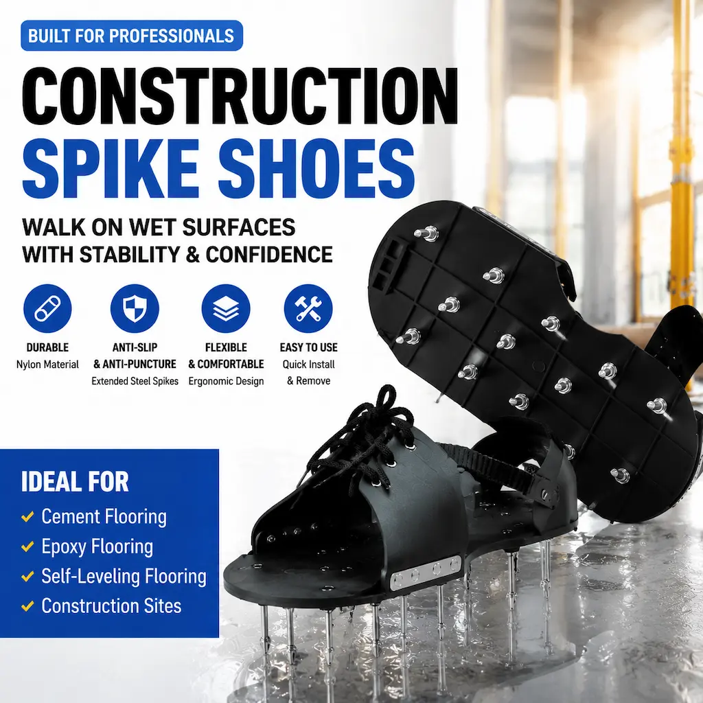 spike shoes, self leveling spike shoes, epoxy flooring shoes, construction spike shoes, heavy duty work shoes, anti slip flooring shoes, resin flooring shoes, industrial flooring tools, epoxy construction footwear, adjustable spike shoes