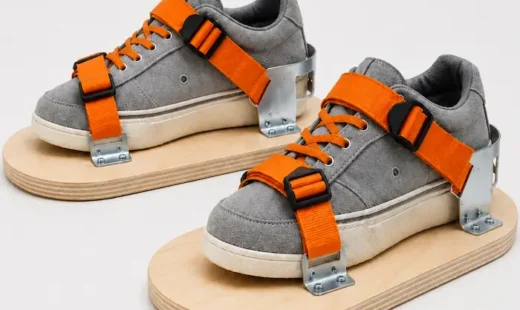 asphalt shoes, asphalt tamp shoes, asphalt paving shoes, wooden sole work shoes, hot asphalt footwear, paving crew tools, asphalt finishing tools, road construction tools, adjustable strap work shoes, asphalt compaction shoes