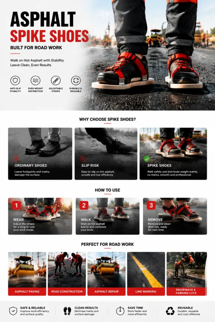 asphalt shoes, asphalt tamp shoes, asphalt paving shoes, wooden sole work shoes, hot asphalt footwear, paving crew tools, asphalt finishing tools, road construction tools, adjustable strap work shoes, asphalt compaction shoes