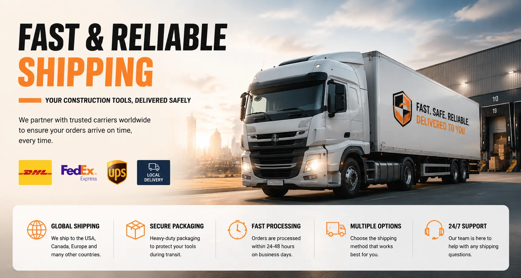 fast and reliable shipping banner, dhl fedex ups local delivery for construction tools