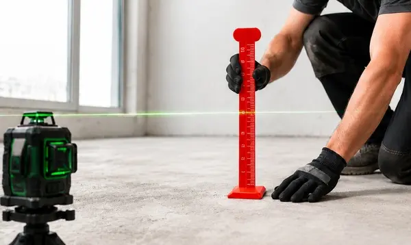 worker measuring floor with red level staff and laser level