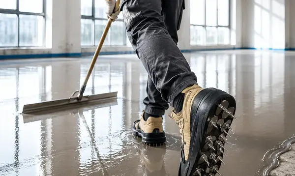 worker wearing spiked shoes screeding self leveling compound