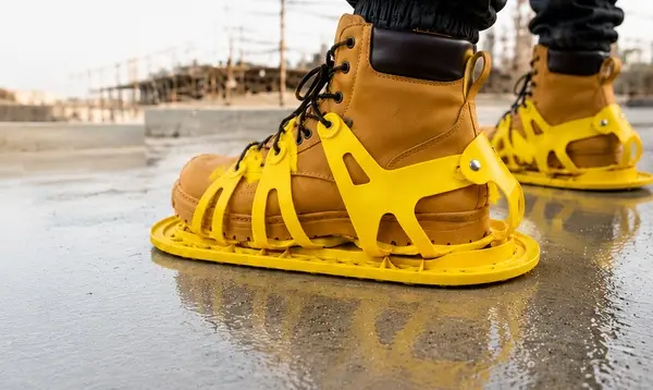 yellow plastic overshoes on work boots at construction site
